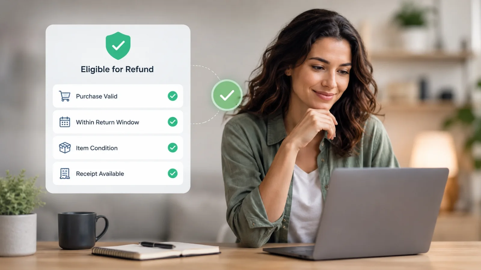 Refund Eligibility Checker showing a woman checking her refund status on a laptop